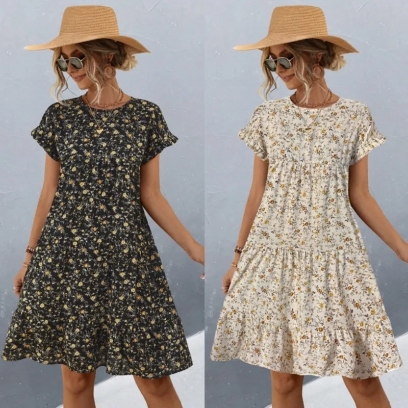 2025 summer vintage floral dress with loose round neck and ruffle sleeves for women, fully matched short sleeved long skirt