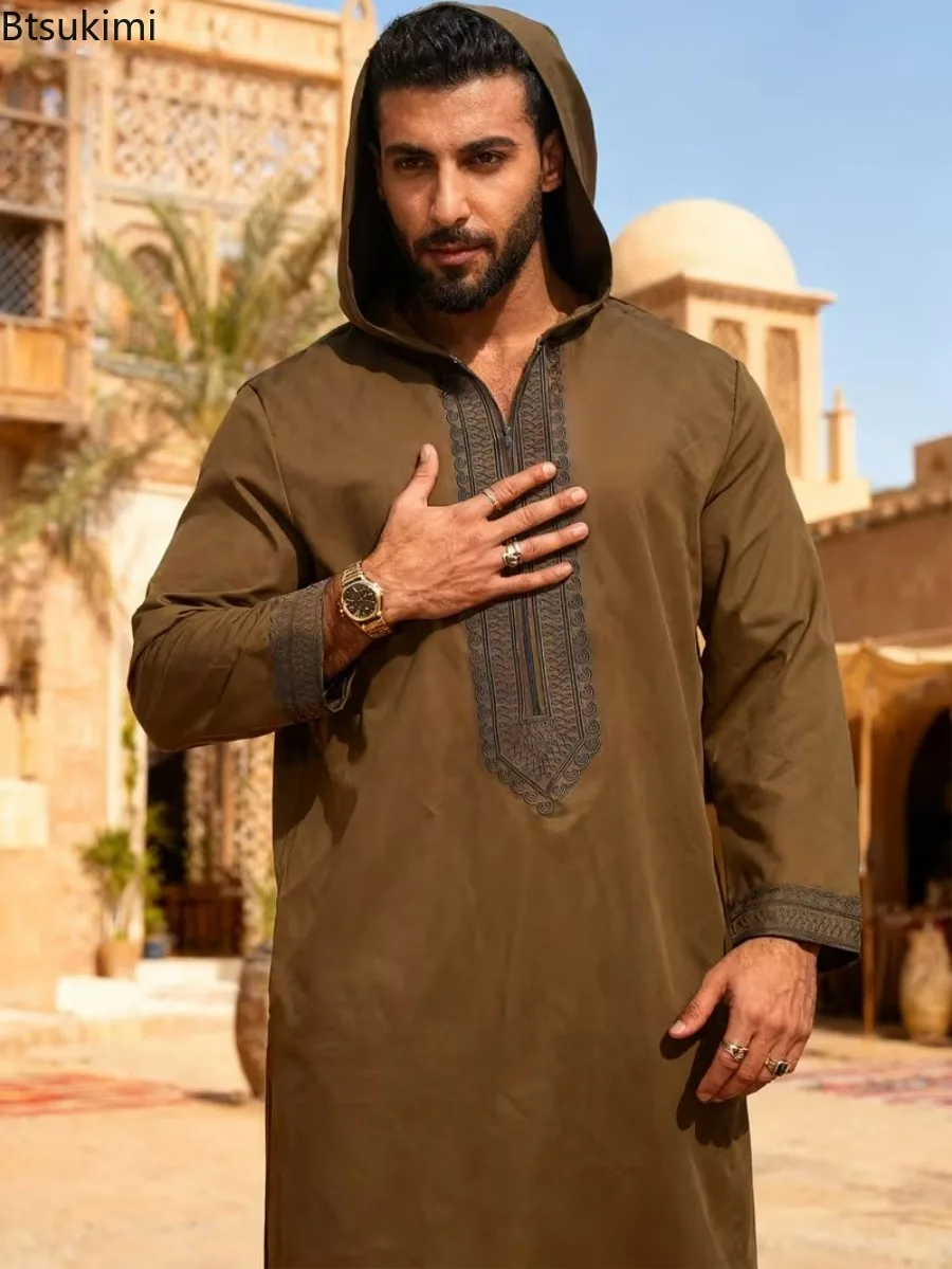 New Men Long Robe Jubba Thobe Gown Embroidery Abayas Hooded Middle East Muslim Solid Modest Morocco Dubai Spliced Spring Abayas