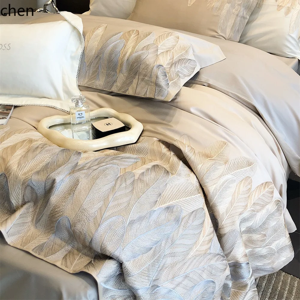 DSA Simple Feather Embroidery Four-Piece Long-Staple Cotton Bed Sheet Set