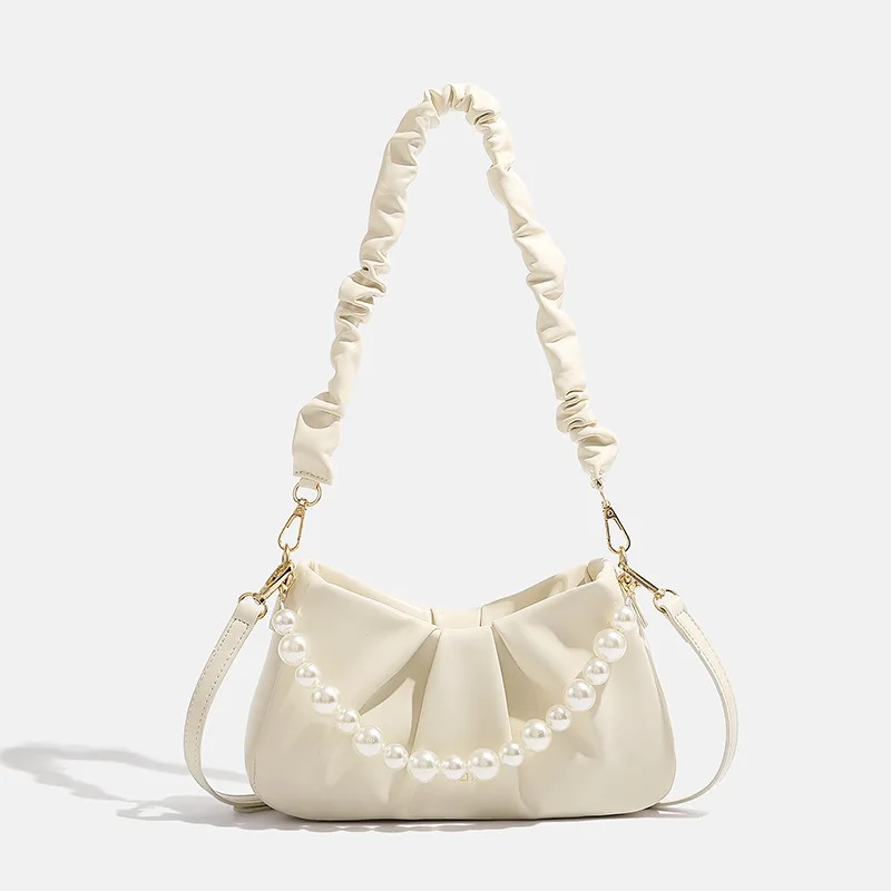 

Elegant Evening Lady Bag Pearl Beaded Chain Handbag Underarm Shoulder Crossbody French Bag Women Pleated Cloud Женская Сумочка
