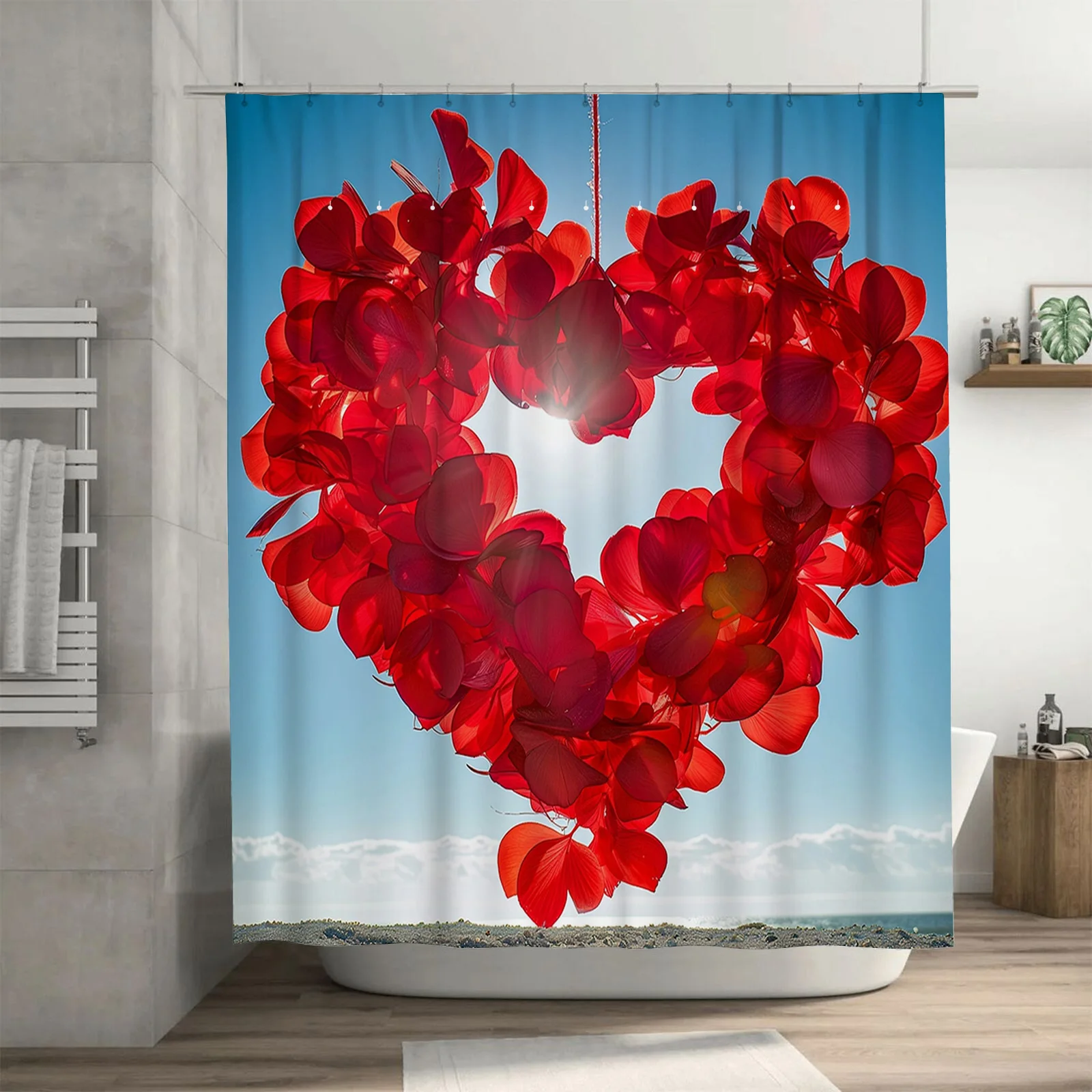 

Романтическая водонепроницаемая занавеска для душа с красным лепестком в форме сердца для современного декора ванной комнаты, стильная и прочная, идеально подходит для дома