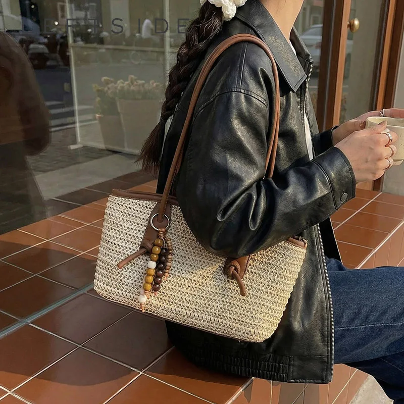 

Женская соломенная сумка-тоут с бисером, повседневная, эстетичная, для отпуска, пляжа, шопинга, новинка 2026 года, летняя сумка через плечо