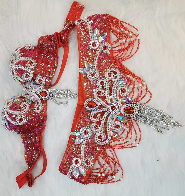 Feminino frisado usar sutiã cinto 2pc define trajes de dança do ventre senhoras trajes de dança do ventre carnaval roupas de dança do ventre