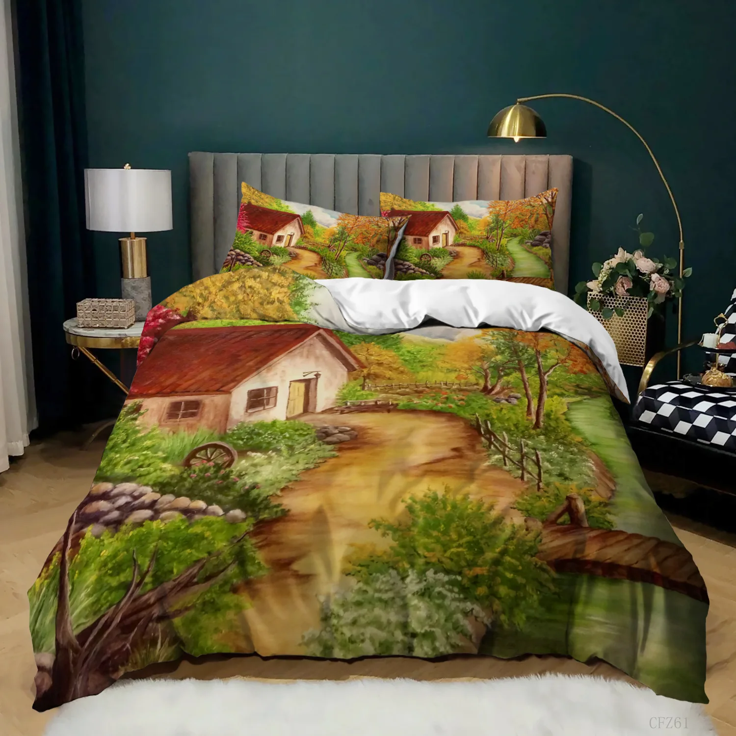 Oil Painting Duvet Cover Set Beautiful Countryside Landscape Graceful Comforter Cover King for Boys Teens Polyester Bedding Set