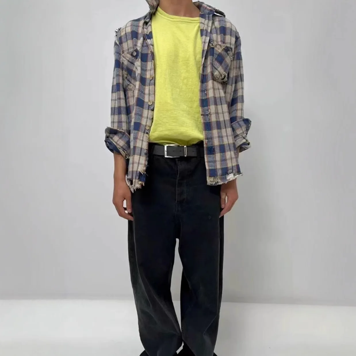 Firmranch New Korean Fashion Plaid Ripped Shirt For Men Women Destruct To Make Old Vintage Long Sleeve Combed Cotton Blouse