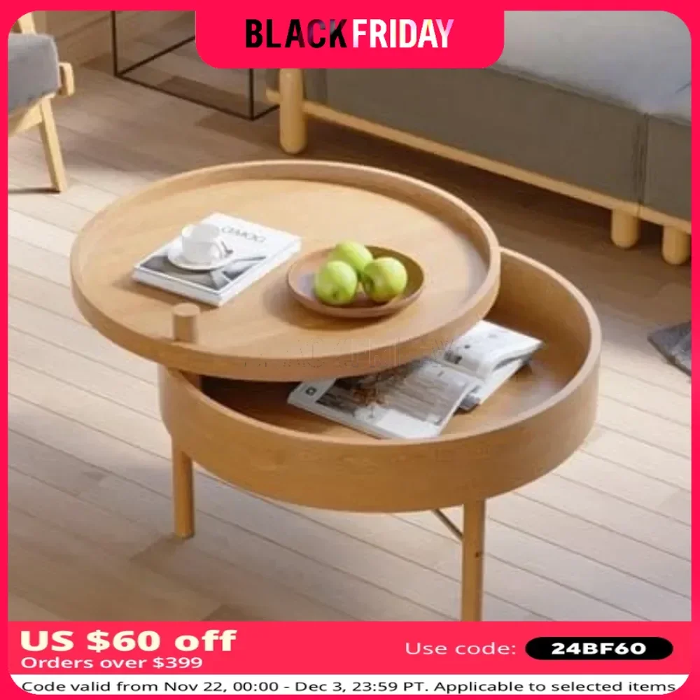 Coffee Table with Hidden Storage, Solid Wood Legs, Metal Support Frame, and Swivel Top, Round Rotating Coffee Table