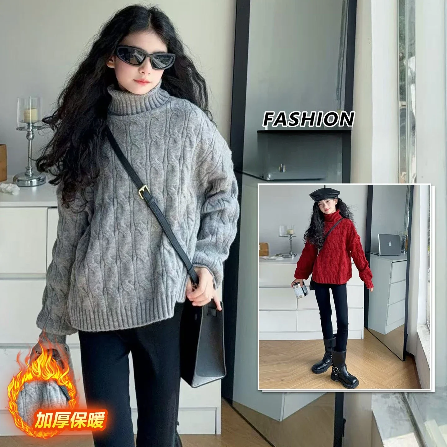 5-6-7-8-9-10-14 teen girls high neck Fried Dough Twists short sweater autumn winter vintage soft thickened knitwear tops clothes