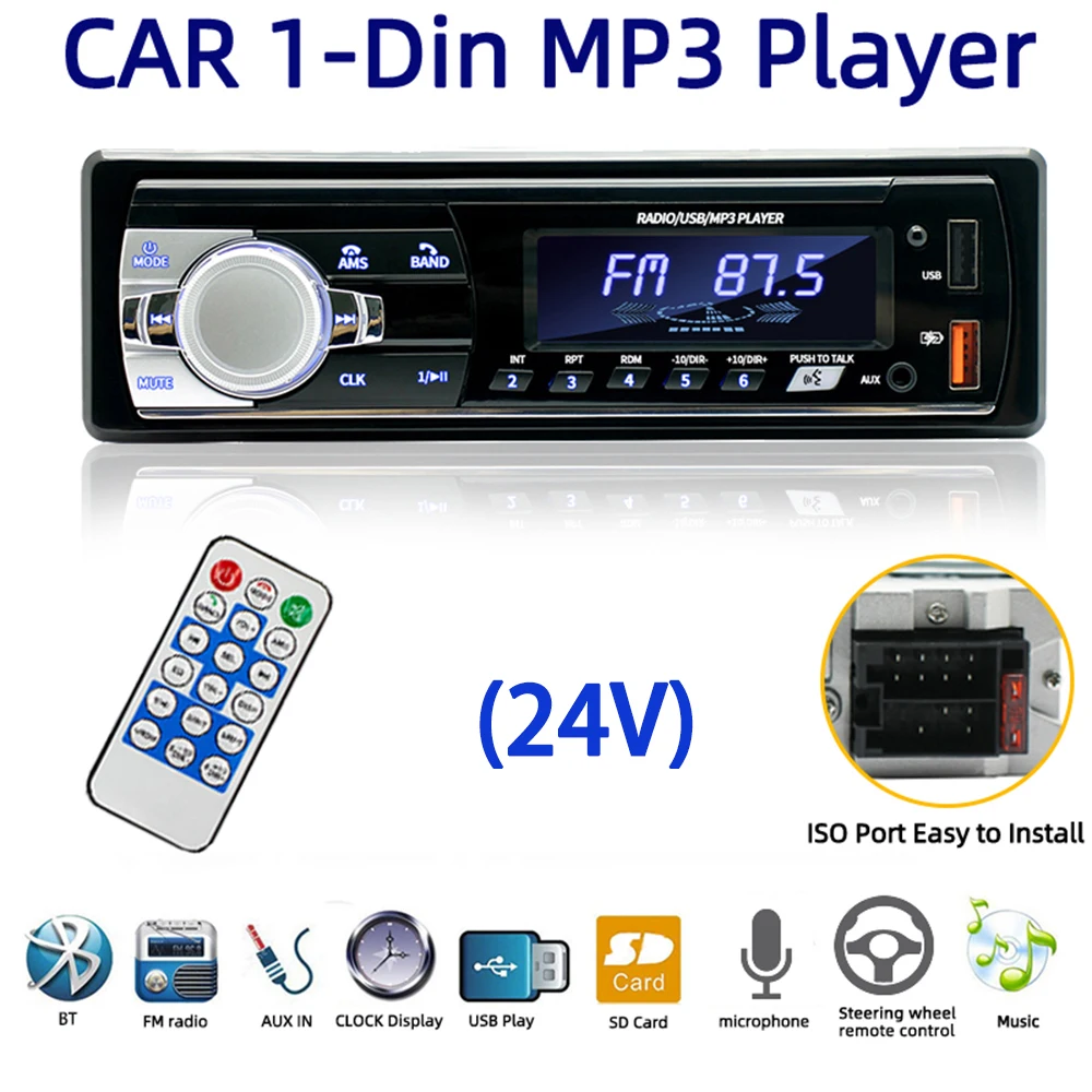 1Pc 521 Single Din Short Car Bluetooth MP3 Player Dual‑USB FM Radio Stereo Receiver 4×60W DC24V FIT FOR 24V Vehicles