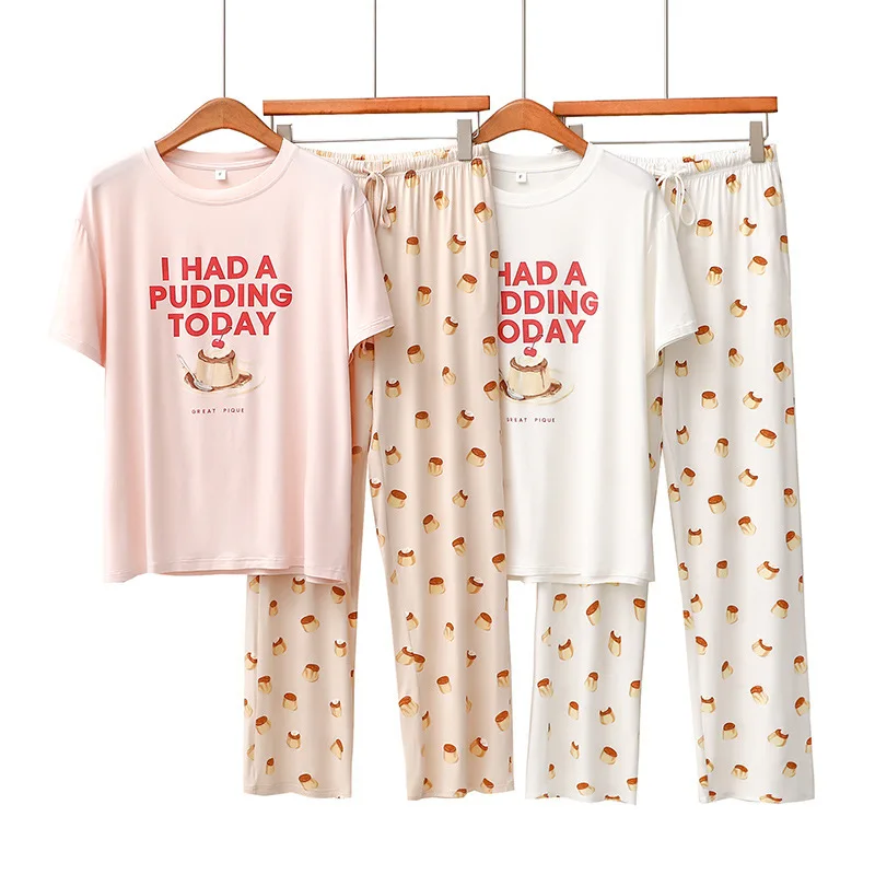 Kuzuwata Summer Letter Print Short Sleeves Losse Sleepwear Casual Soft Little Cake Print Pajama Sets O-neck Straight Nightwear