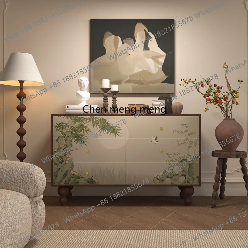 

New Chinese retro flower and bird solid wood six-chest cabinet entrance locker decorative storage locker