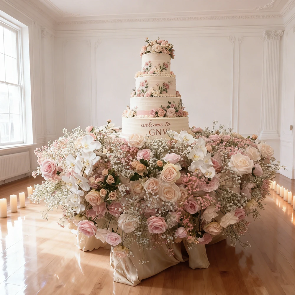 

Elegant Modern Artificial Cloth Flower Cake Floral Decoration For Luxury Wedding Realistic Look Custom Design High Quality
