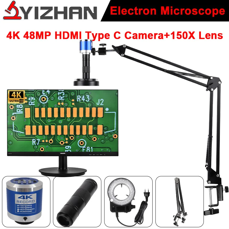 1-150X soczewka powiększająca mikroskop cyfrowy dla elektroniki zestaw 4K HD wideo HDMI typ C światło do kamery metalowy stojak do wykrywania napraw