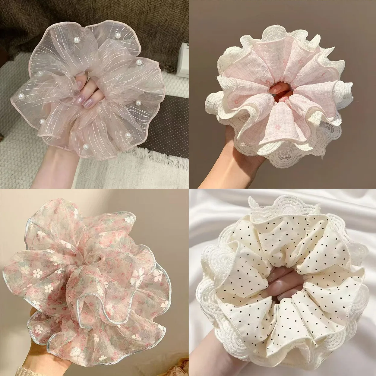 Koreanischer Runder Spitzen-Netz-Haargummi im Retro-Stil, Hochwertiger Pferdeschwanz-Haarschmuck, Blumenmädchen-Haaraccessoire, Haarband