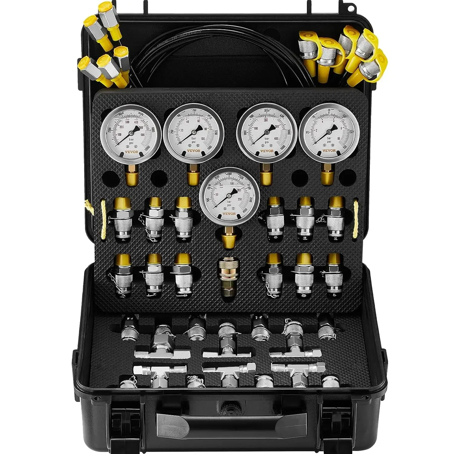 Hydraulic Pressure Test Kit, 10/100/250/400/600bar, 5 Gauges 13 Test Couplings 14 Tee Connectors 5 Test Hoses, Hydraulic Gauge K