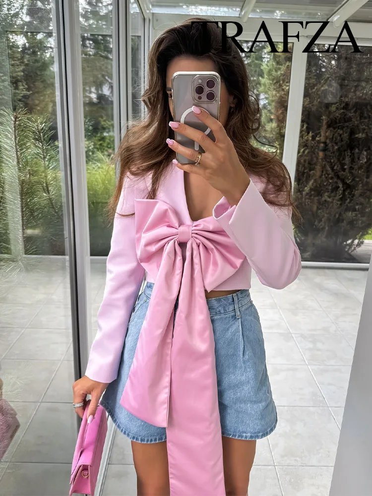 

TRAFZA Women Fashion Pink Bow Decorate Casual Blazer Top Woman Chic V-Neck Long Sleeves Open Stitch Short Coat Streetwear Mujer