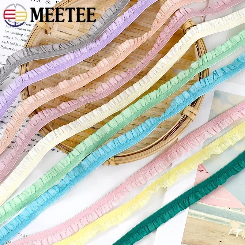 Meetee 10/20/45meters 10mm Ruffled Elastic Band Pleated Stretch Lace Trim Ribbon Baby Hairband Belt Shoes Tapes Sewing Accessory