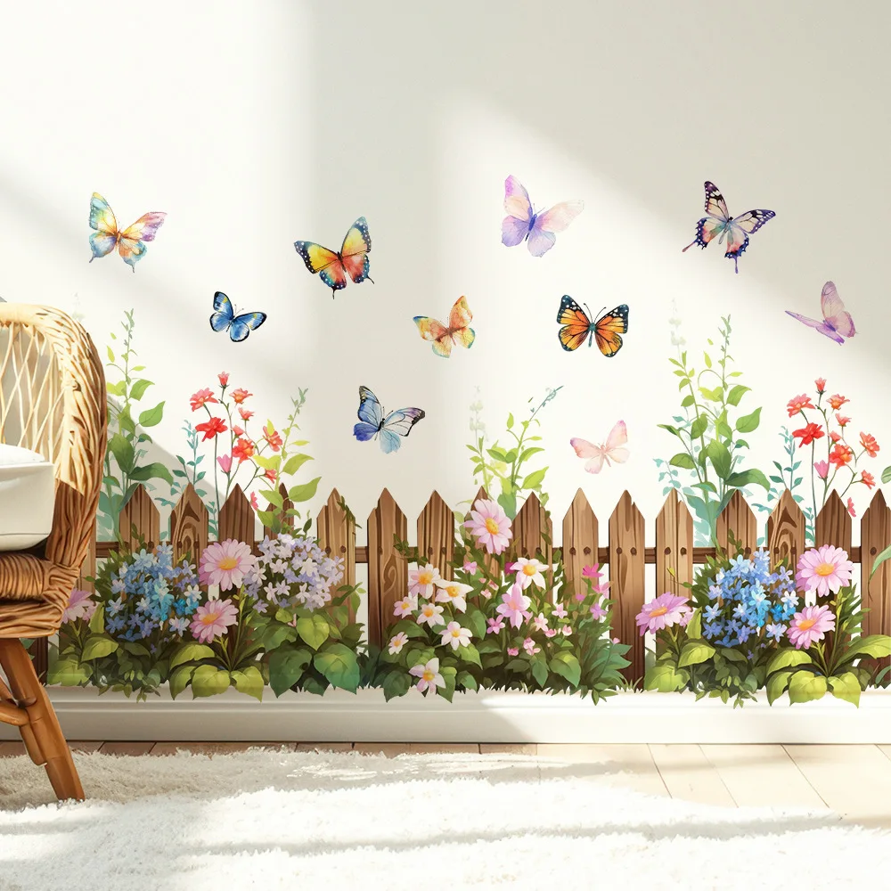 Colorful Butterfly & Flower Fence Wall Decals - Removable Peel and Stick Wall Stickers for Bedroom, Living Room, Kids Room Decor