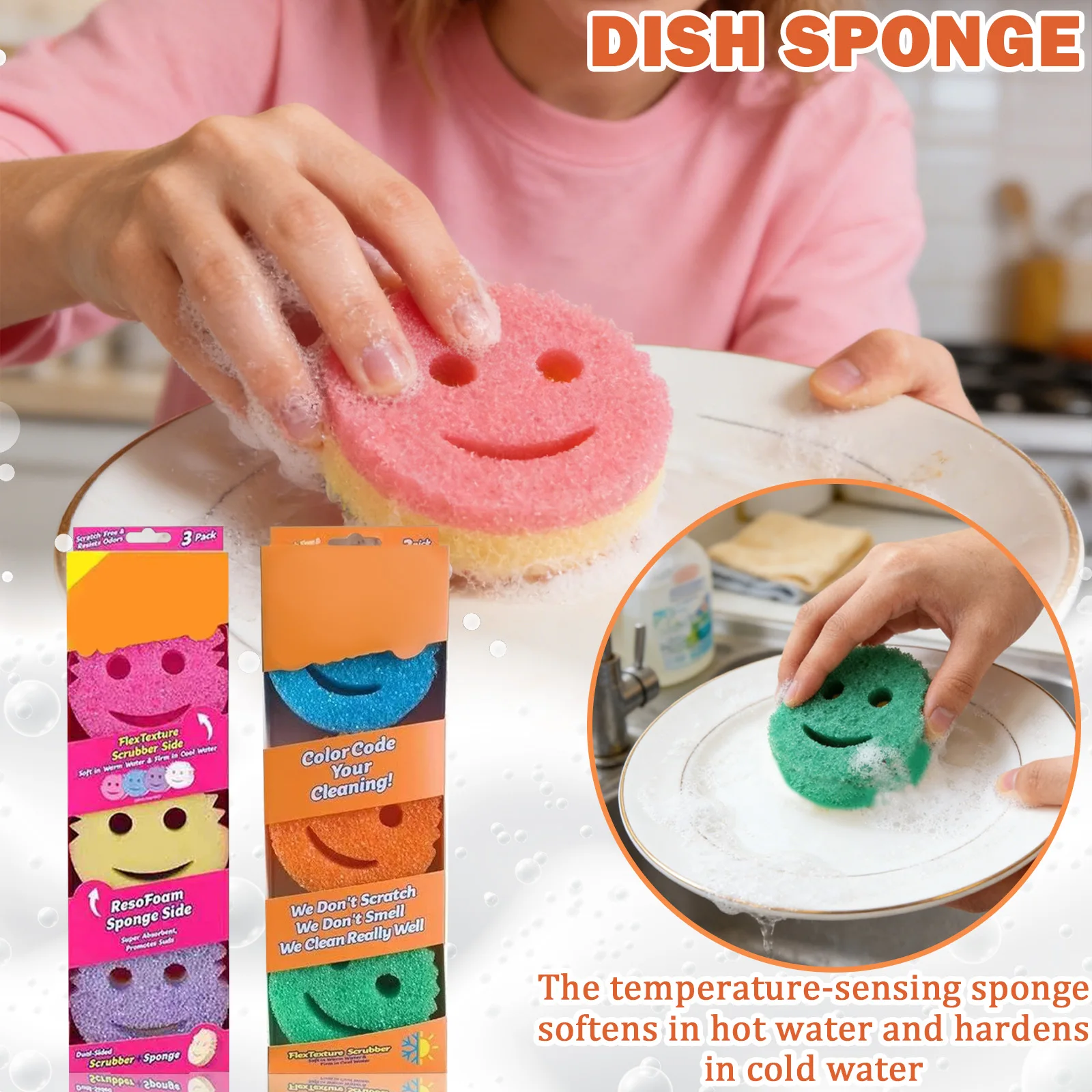 New 3-Pack Multi-Functional Cleaning Sponges, Temperature-Sensitive Kitchen Scrubbers, Non-Scratch & Odor-Resistant Dish Sponges