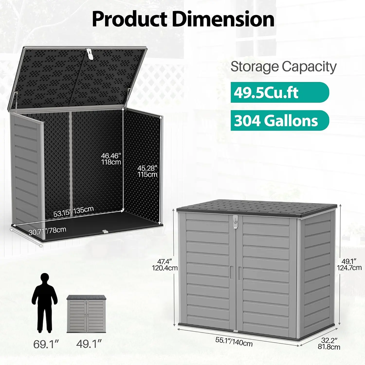 Outdoor Storage Cabinet 49.5 Cu Ft Horizontal Shed Lockable Weather Resistant Garden Tool Trash Can Box, Customized