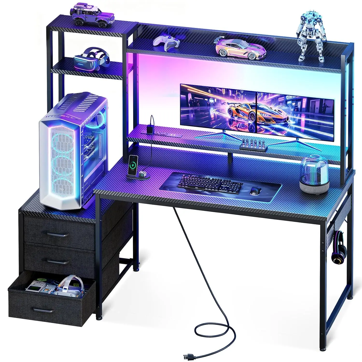 

48in Gaming Desk Hutch 3 Drawers USB Ports LED Reversible Monitor Stand Home Office Carbon Fiber, Customized