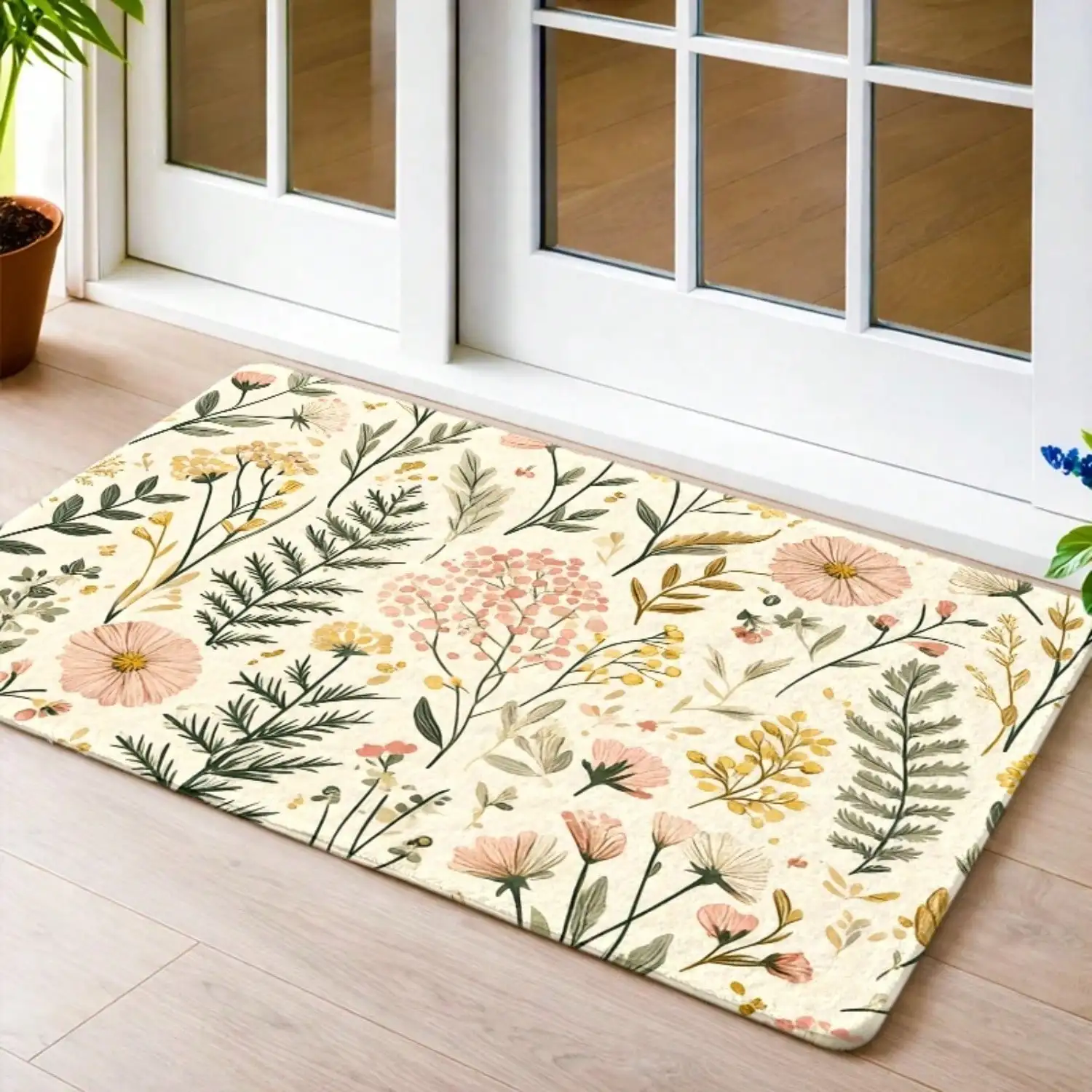 1pc, Vintage Floral Flannel Floor Mat, Non - Slip Rubber Bottom, Durable, Stain - Resistant, Machine - Washable, High Versatility, Suitable For Living Room