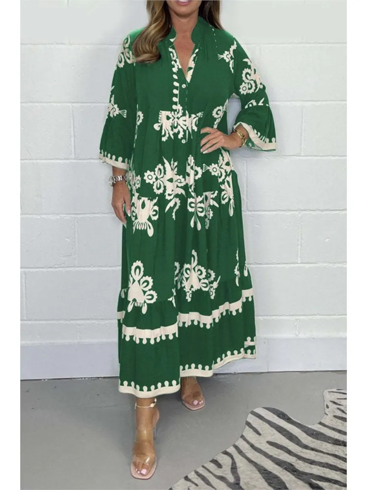 Women\'s Printed Loose Ethnic Retro Dress Spring Autumn V Neck Button A-Line Long Dress Summer 3/4 Sleeve Bohemian Maxi Dresses