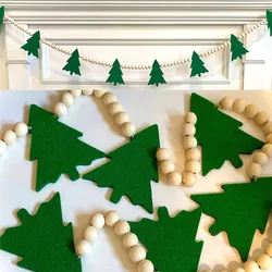 1pc Felt Christmas Tree Garland Handmade Green Wooden Bead Banner Home Festival Party Xmas Tree Wall Hanging Decoration Banner