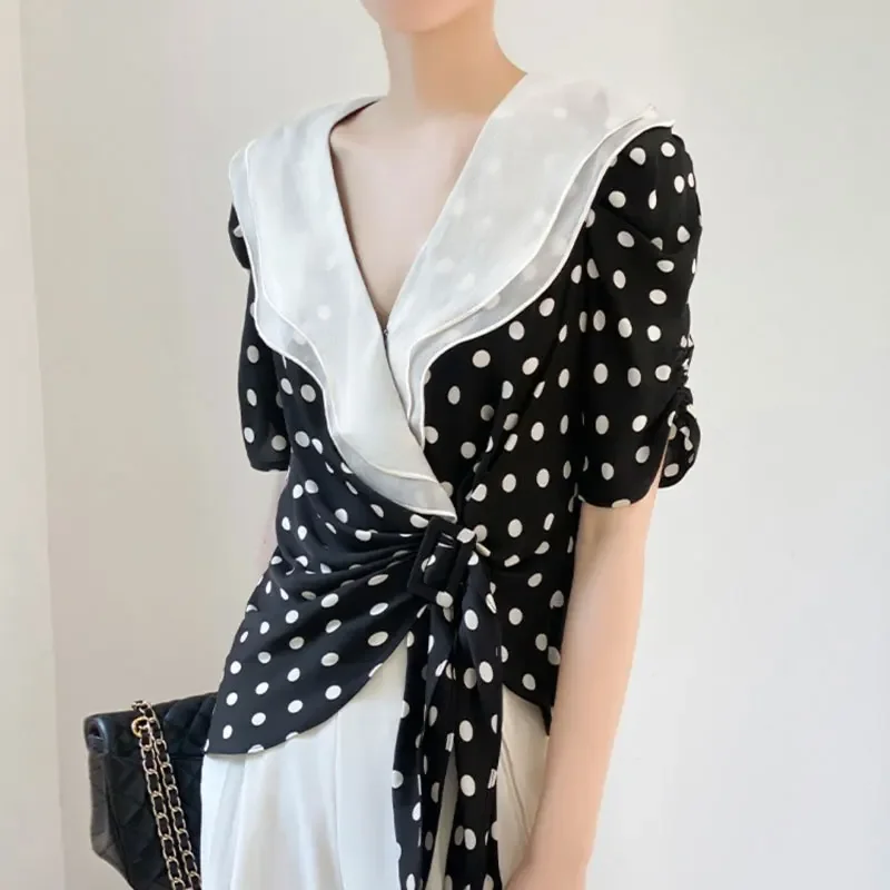 Büro Dame Rüschen V-ausschnitt Bluse Sommer Polka Dot Gedruckt Mode Kordelzug Grundlegende frauen Kleidung Koreanische Kurzarm Shirt