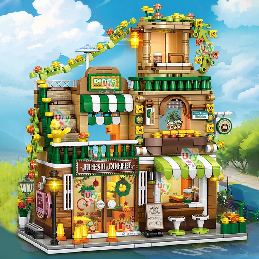 Blocs de construction d'architecture MOC rétro pour enfants, série City Street View, coin de Style Tropical modulaire, café, magasin de boissons