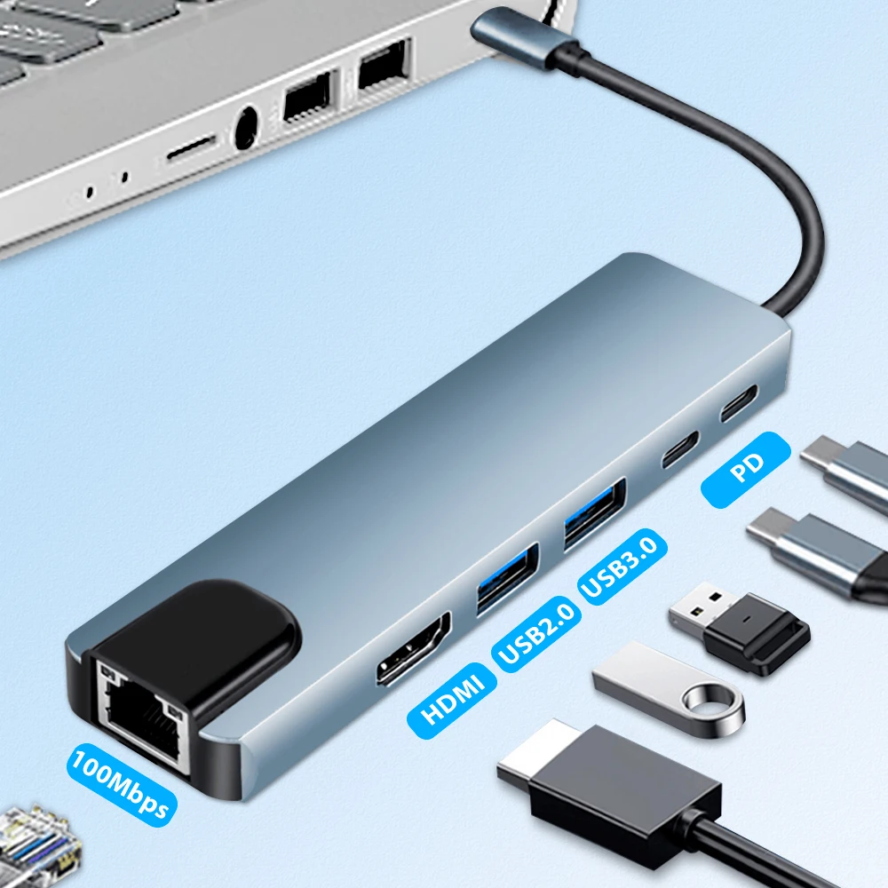 HUB USB Type C 3.0 محول يدعم 65 واط عكس شحن محطة إرساء الكمبيوتر المحمول USB C محطة إرساء 6 في 1 HUB Ipad ملحق