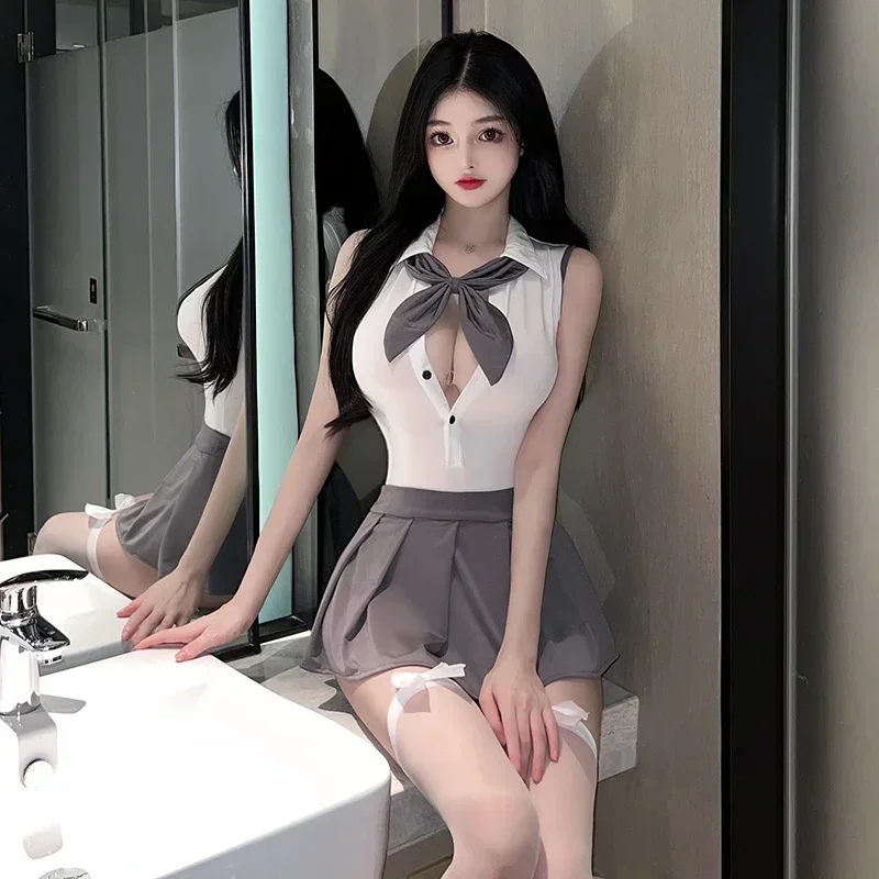 Student JK Uniform Sexy Cosplay Costume Women Lingerie Shirt Neckline Collocation Bow knot Backless Top Pleated Skirt Suit
