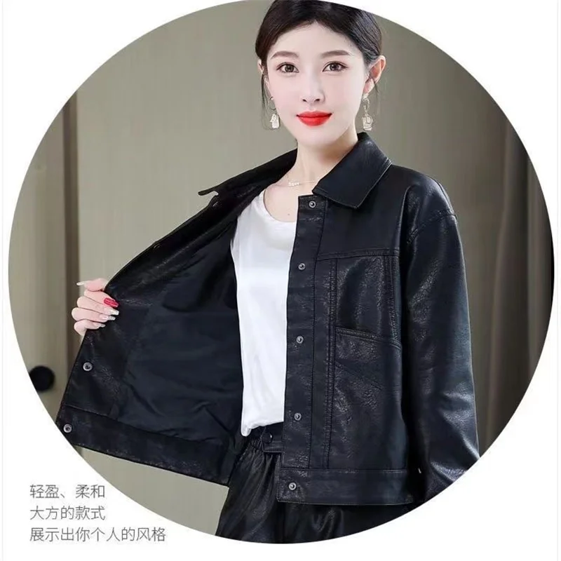 2024 Spring, Autumn Winter Women\'s New Korean Short Fashion Lapels Leather Jacket  Female Casual Fashion Long Sleeve PU Leather