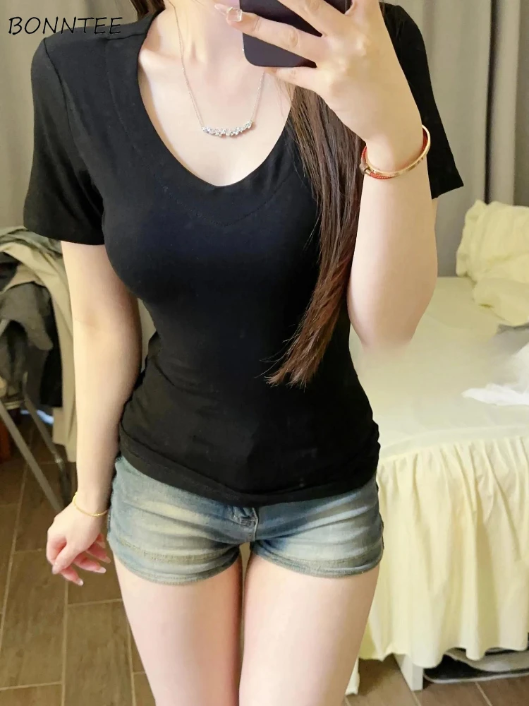 

V-neck Short Sleeve T-shirts Women Slim Solid All-match Aesthetic Clothing Korean Fashion Sexy Spicy Girl Summer Casual Tops New