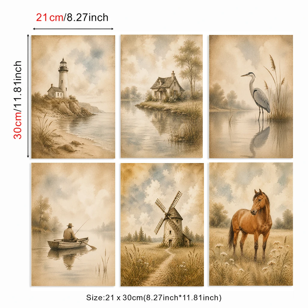 Set of 6 Vintage Countryside Canvas Poster Lighthouse Cottage Heron Fishing Boat Windmill Horse Watercolor Farm Wall Art Decor