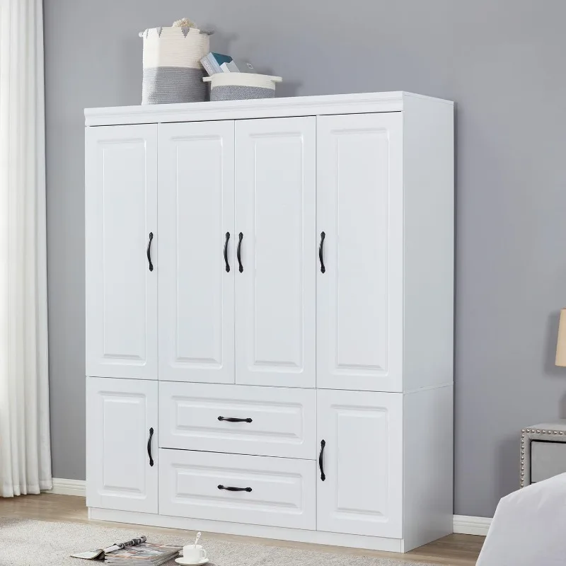 4 Door Armoire Wardrobe Closet Cabinet 2 Drawers Wooden White Cabinet Closet with High Storage Capacity Closet Wardrobe