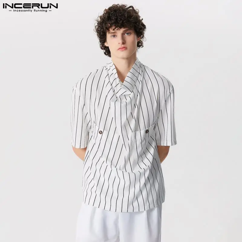 

Fashion Well Fitting Tops INCERUN New Mens Pile Up Collar Striped Shirts Casual Personality Male Short Sleeved Shirts S-5XL 2024