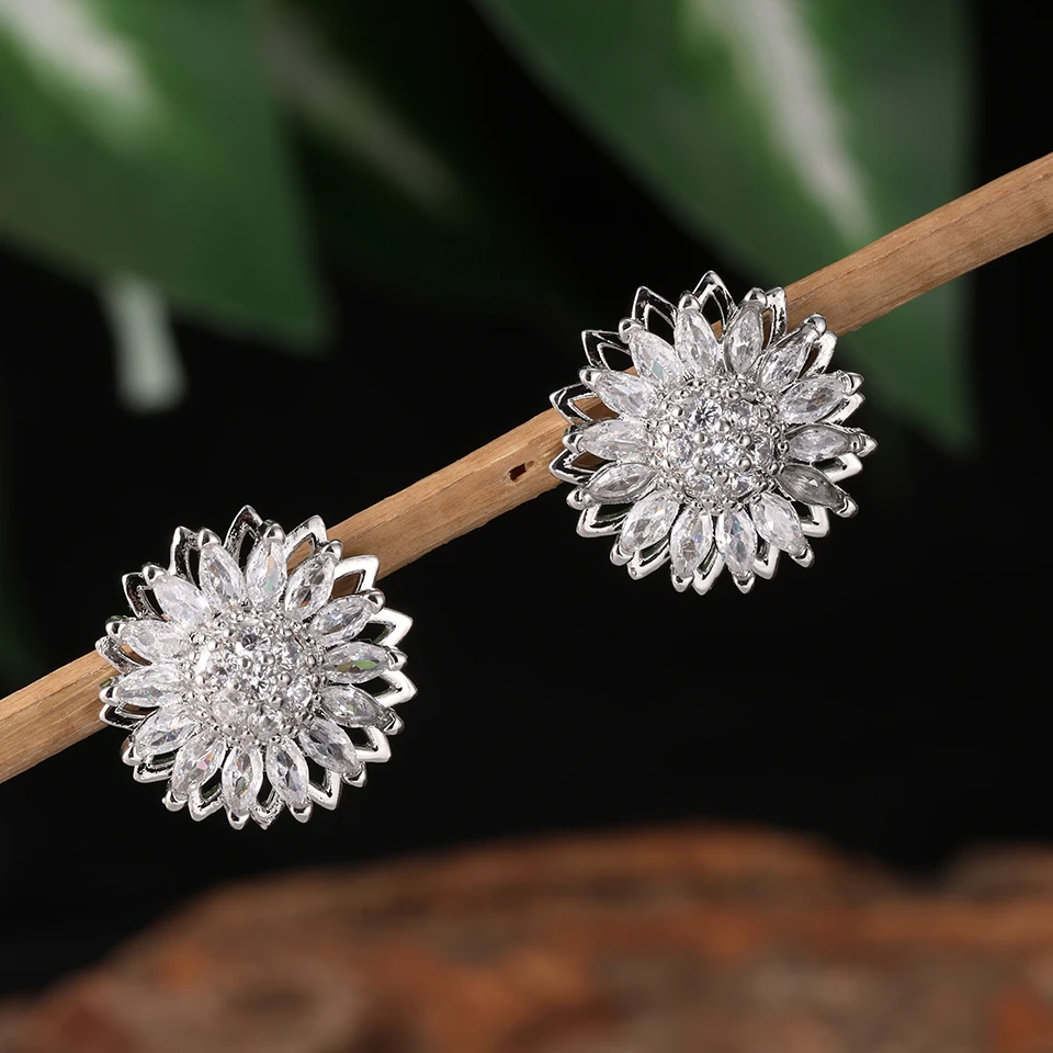 ZAKOL New Trendy Sunflower Daisy Flower Zirconia Earring Necklace for Women Romantic Sparkling Crystal Wedding Jewelry Set