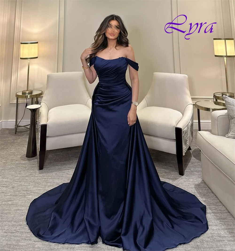 فستان سهرة أنيق مخصص برقبة قارب وأثواب مناسبة خاصة من الساتان الرائع وفساتين حفلة موسيقية بأكمام قصيرة رقيقة