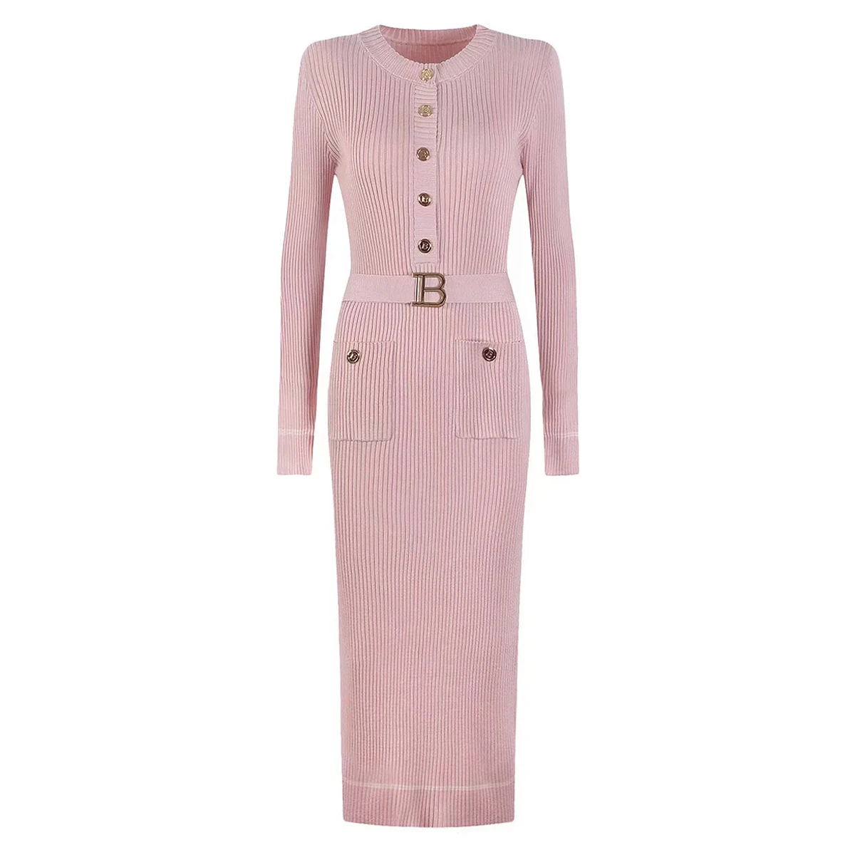 

Autumn And Winter New Fashionable, Simple And Atmospheric Belt Button Slim Fit Long Sleeved Round Neck Knitted Long Dress