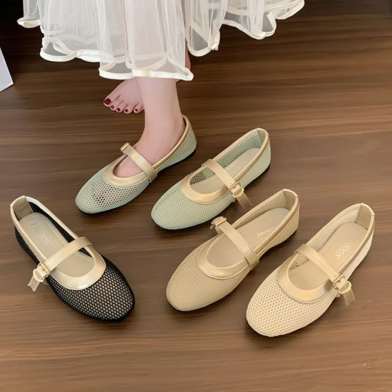 2024 New Women's Shoes Fashion Hollow Mesh Flats Round Toe Flat Slip-on Loafers Buckle Straps Mary Jane Shoes Daily Casual Shoes