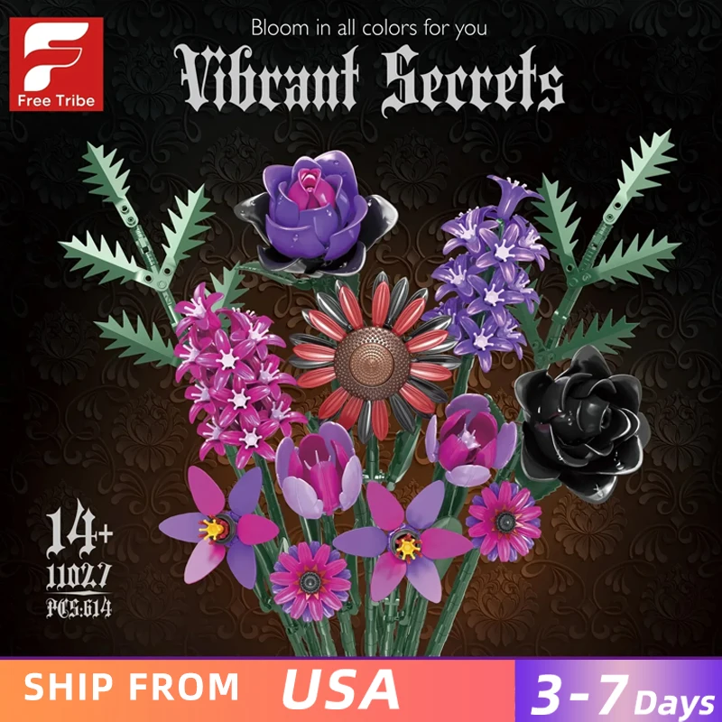 

614 шт. готический букет цветов, строительные блоки, романтическая модель цветка, кирпичи, украшение для рабочего стола, детские игрушки-головоломки «сделай сам», праздничные подарки