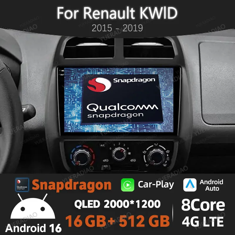 Rádio Automotivo Android 16 para Renault Kwid 2015 - 2019 Qualcomm QLED Reprodutor Multimídia de Vídeo GPS NAVI BT 4G LTE 5G WIFI 2DIN Estéreo