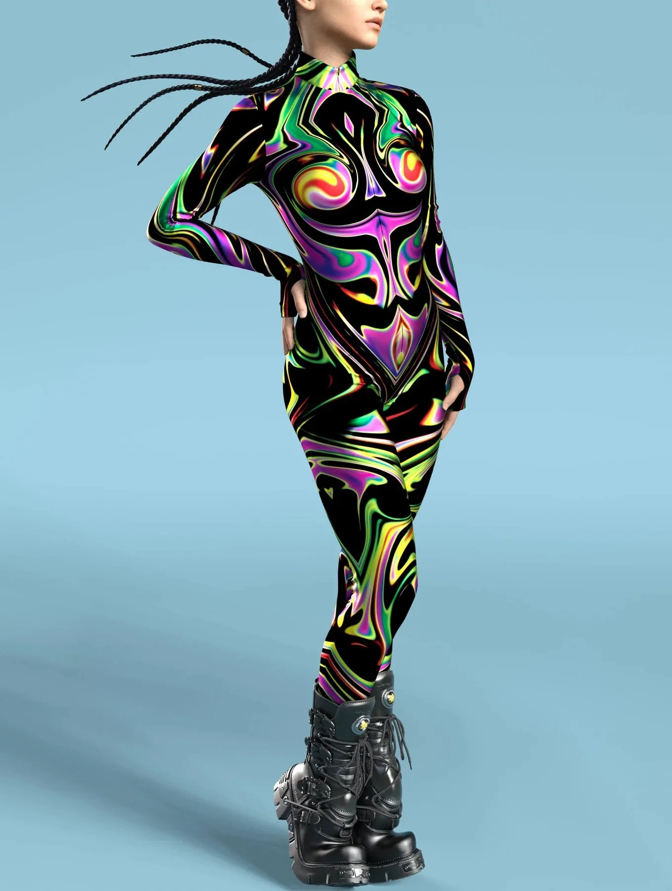Damen Mehrfarbiger 3D-Druck Festtagsparty Regenbogen Sexy Enger Bodysuit Punk Cosplay Kostüm Performance Romper – Detail 15