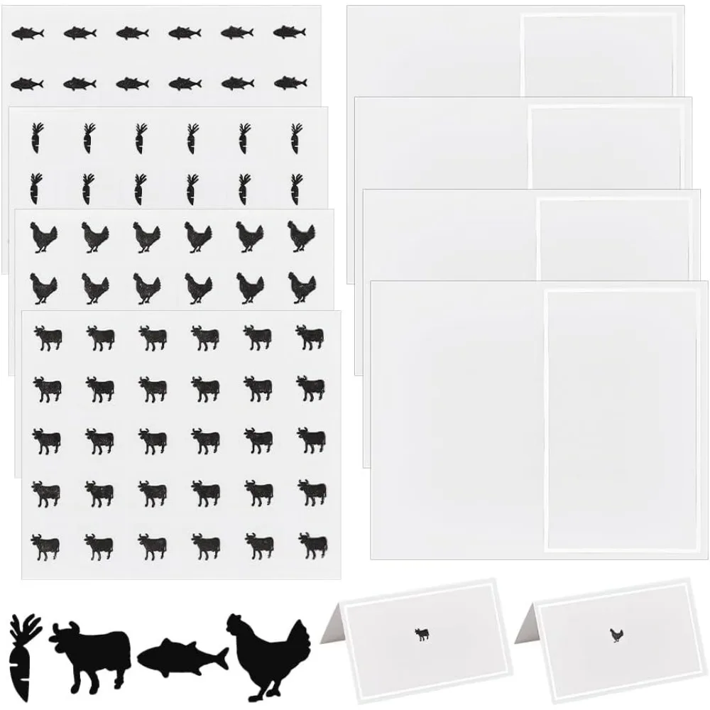 240pcs 4 Styles Black Meal Stickers 0.4 Inch with 60pcs Table Place Card Food Choice Sticker Set Cow/Chicken/Fish making kit