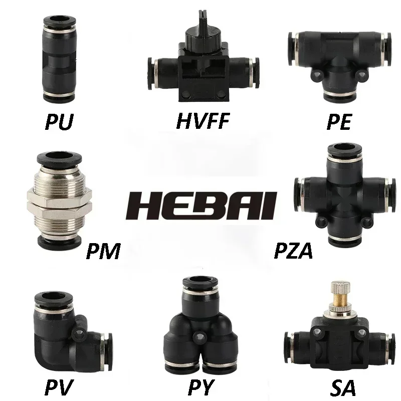 HEBAI Czarne złączki pneumatyczne Złącze rurowe Szybkozłączki powietrzne 3/4/5/6/8/10/12/14/16mm PU PY PK PE PV SA HVFF PZA PM PP