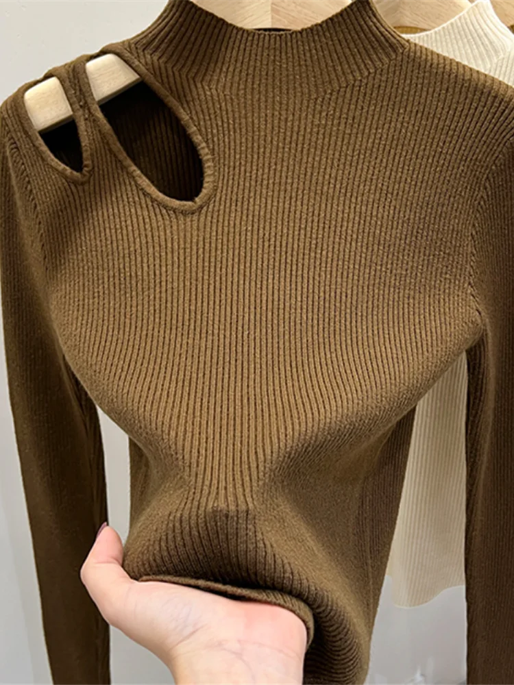 Jesienno-zimowe seksowne damskie swetry z wycięciami w stylu Vintage Slim sweter miękki ciepły sweter damski luźny pulower z dzianiny