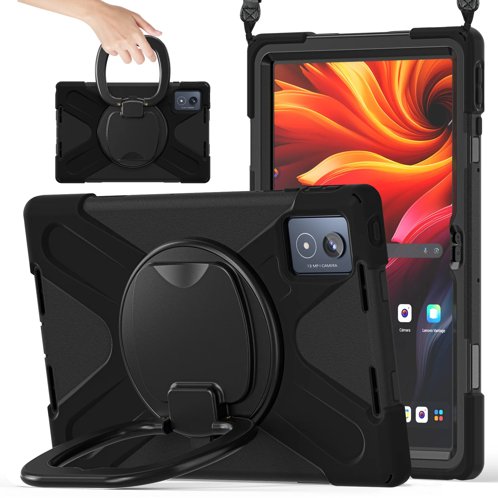 For Lenovo Tab K11 Plus / Zhaoyang K11 B352FU, TB230XC Case with Shoulder Strap TPU + PC + Silicone Kickstand Tablet Cover - Bla