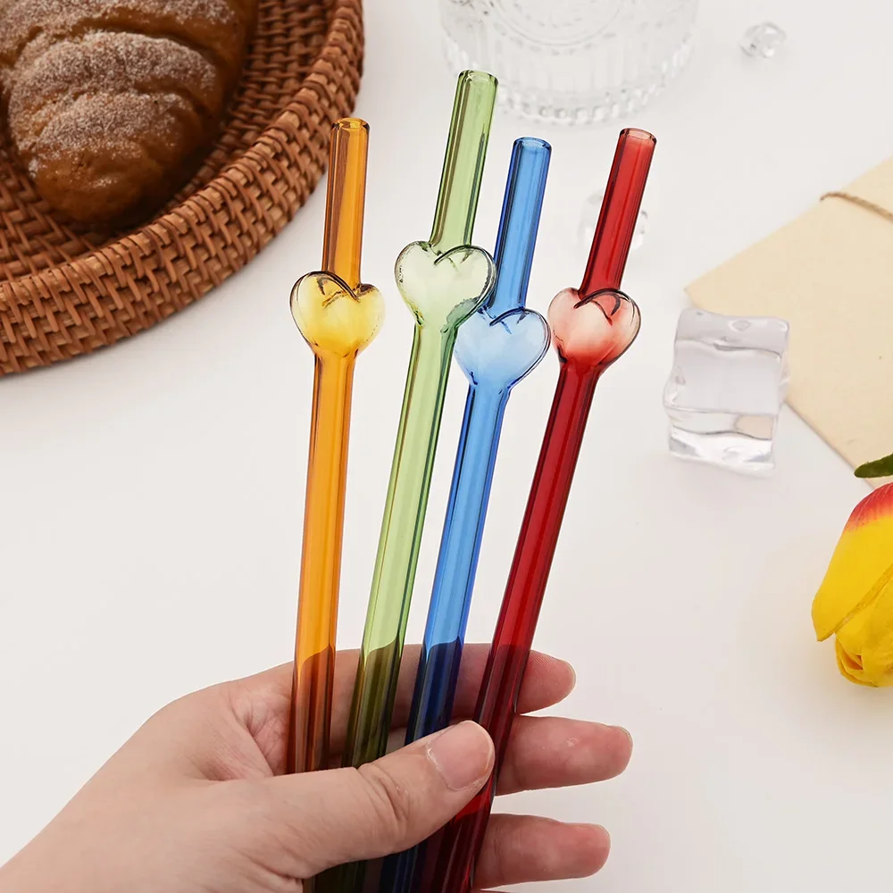 5Pcs 8mm Glass Straw, Reusable Drinking Straws Cute Heart Heat-Resistant Straw For Festival Party Wedding Cocktail Bar Beachs