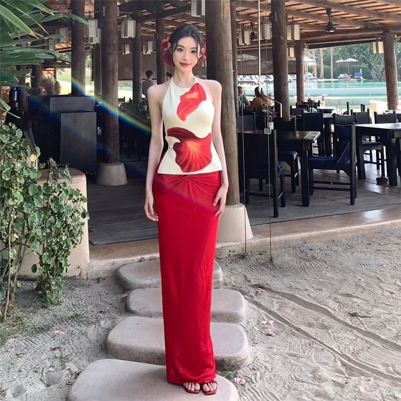 Fashion 2025 Spring and Summer Women's Clothing Seaside Halter Neck Vest Sexy Hip Skirt Set