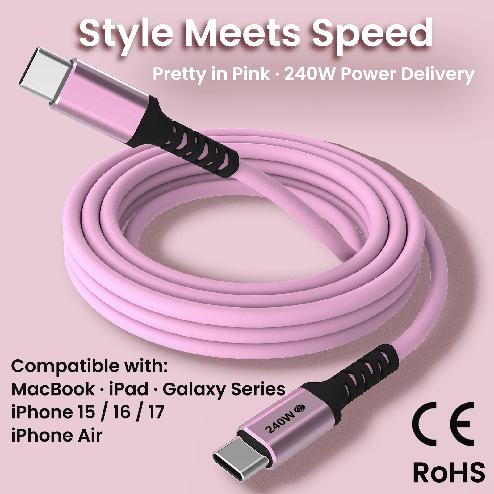 

Pink USB-C Cable 240W PD 3.1 Fast Charging for MacBook, iPhone 15/16/17, Galaxy S24, iPad Pro, Durable TPE Cord
